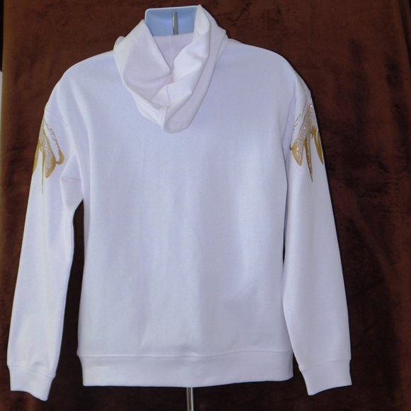 NEW MEN HEADS OR TAILS Rhinestone Glitter HOODIE PULLOVER SWEATSHIRT White - Picture 4 of 5